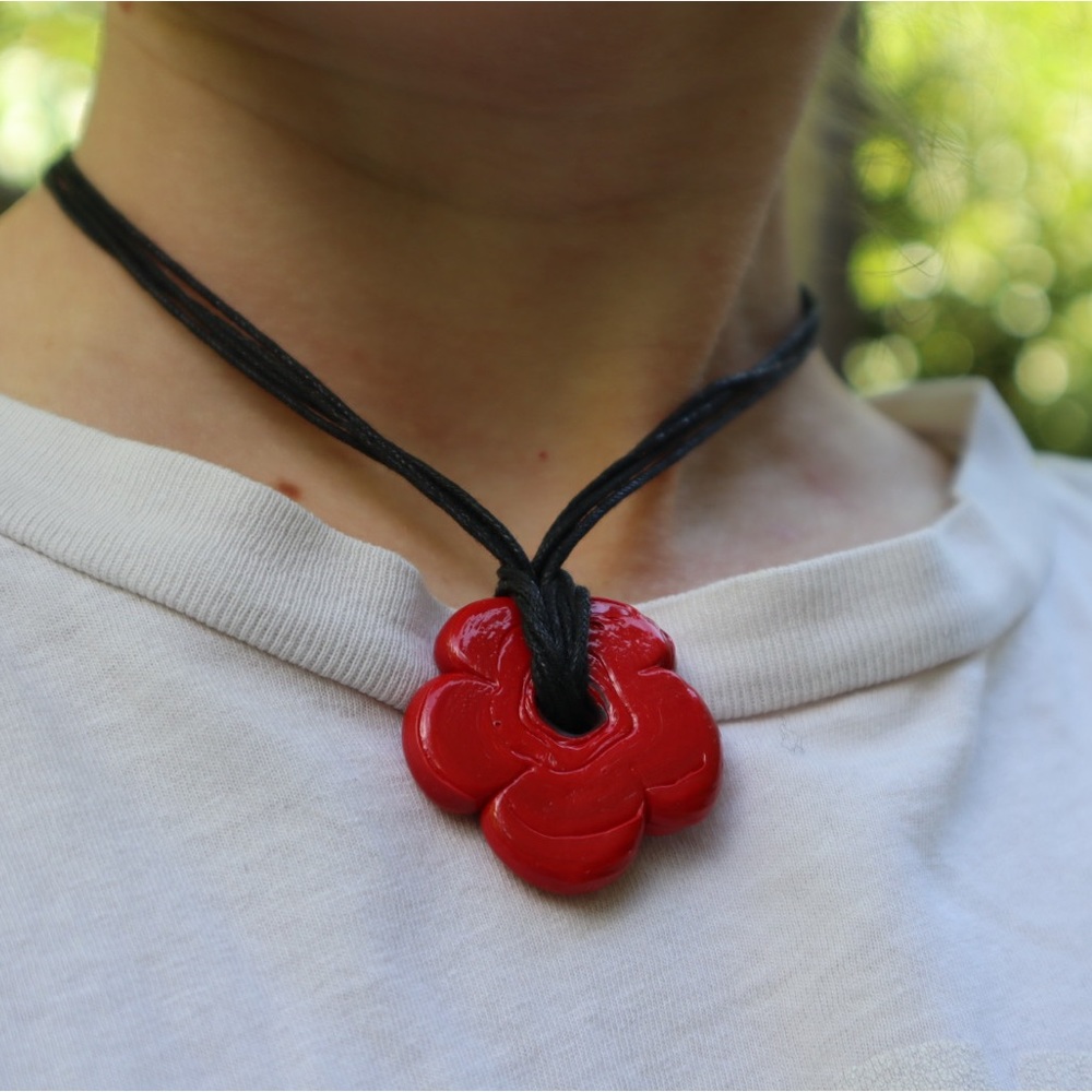 Red glass chunky flower statement pendant necklace black cord Brooke Callahan